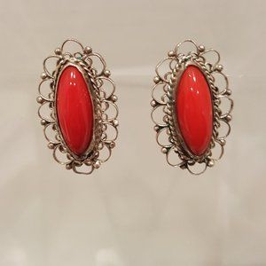 Signed Sterling Silver Coral Screw On Earrings Artist LDL flower detail